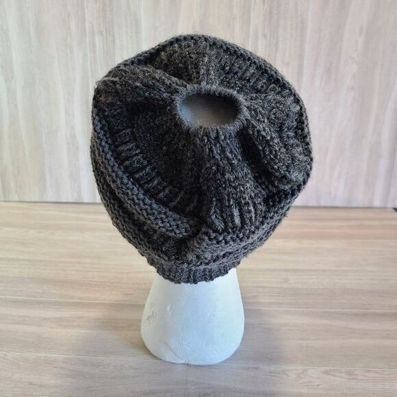 Dark Gray Knit Ponytail Beanie Ribbed Winter Hat w/ Top Opening for Hair - Picture 3 of 5